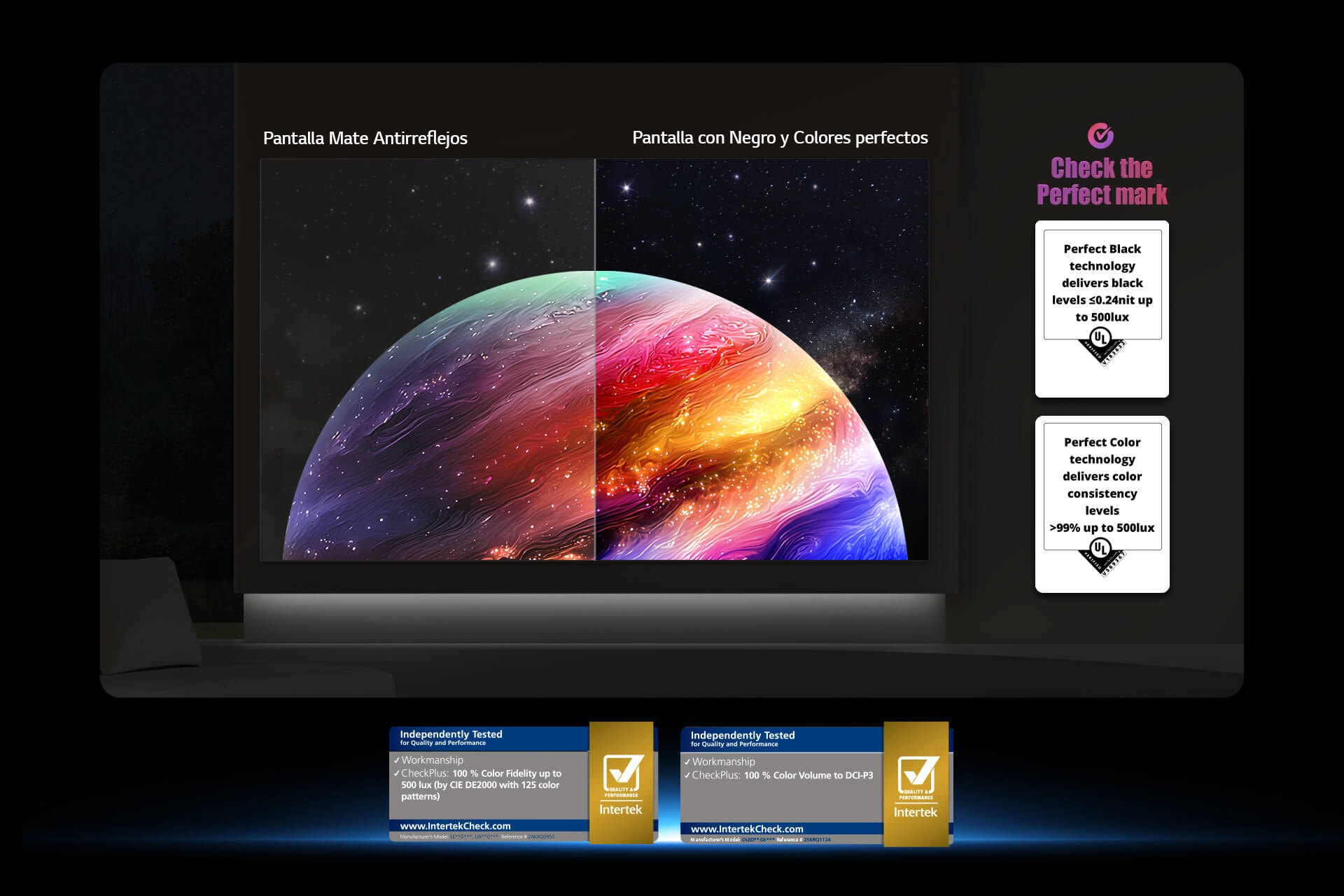 LG OLED evo AI G6 muestra una escena de planeta y estrellas en pantalla dividida, comparando una pantalla mate antirreflejo con su pantalla Negro y Colores Perfectos para una calidad de imagen más clara en cualquier luz, respaldada por la certificación UL y las certificaciones Intertek para precisión de color y sin reflejos.